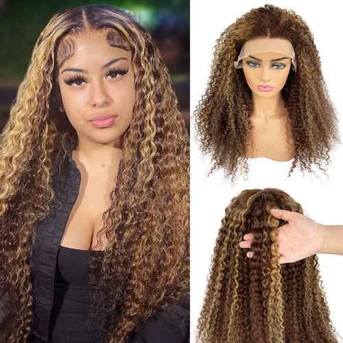 Curly Lace Front Wigs Pre Plucked 24 Inch Real Human Hair Lace Frontal Wig with Baby Hair 4/27 Colored Honey Blonde Highlights 13x1 Middle Part Brazilian Virgin Human Hair Lace Wig Bleached Knots