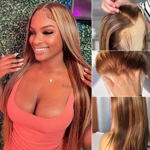 ALHER Honey Blonde Highlight Small Cap 13x4 Lace Front Human Hair Wigs Pre Plucked with Baby Hair Straight 4/27 Balayage Color Transparent Lace Frontal Wig Soft Thick 12A Brazilian Remy Hair 14 Inch