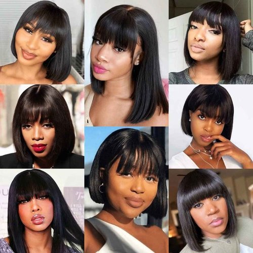 newnavat 12 Inch Glueless Wear and Go Wig Bob Wig With Bangs Human Hair HD Lace Glueless Wigs Natural Black Bob Wigs With Bangs Brazilian Virgin Human Hair 180 Density