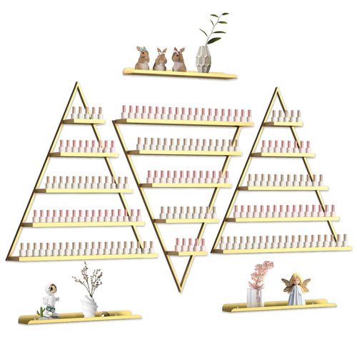 EBANKU 6PCS Nail Polish Racks 5 Tiers Nail Polish Shelf for Wall Triangular Display Rack Cosmetic Display Cases Lipstick Perfume Wall Shelf Essential Oil Organizers for Home Spa Nail Salon Shop(Gold)