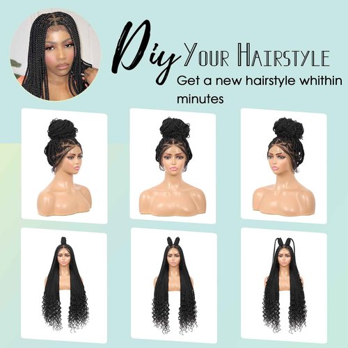 Fecihor 360° HD Full Lace Triangle Knotless Braided Wigs with Boho Curly Ends for Women Box Braid Wig with Baby Hair Premium Synthetic Black Braided Lace Front Wigs 36 Inch