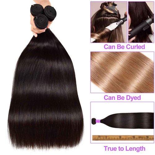 fphko 12A Human Hair Bundles Straight 4 Bundles 100% Unprocessed Brazilian Virgin Hair Double Weft Bundles Deals Human Hair Straight Human Hair Extensions Natural Color (4 Bundles, 24242424)