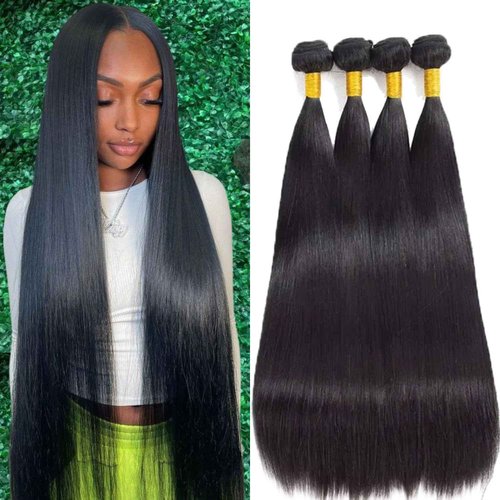 Aliprincess 12A Human Hair Bundles 16 18 20 22 4 Straight Bundles 100% Unprocessed Brazilian Virgin Hair Deals Human Hair Extensions Quick Weave Natural Black for Women
