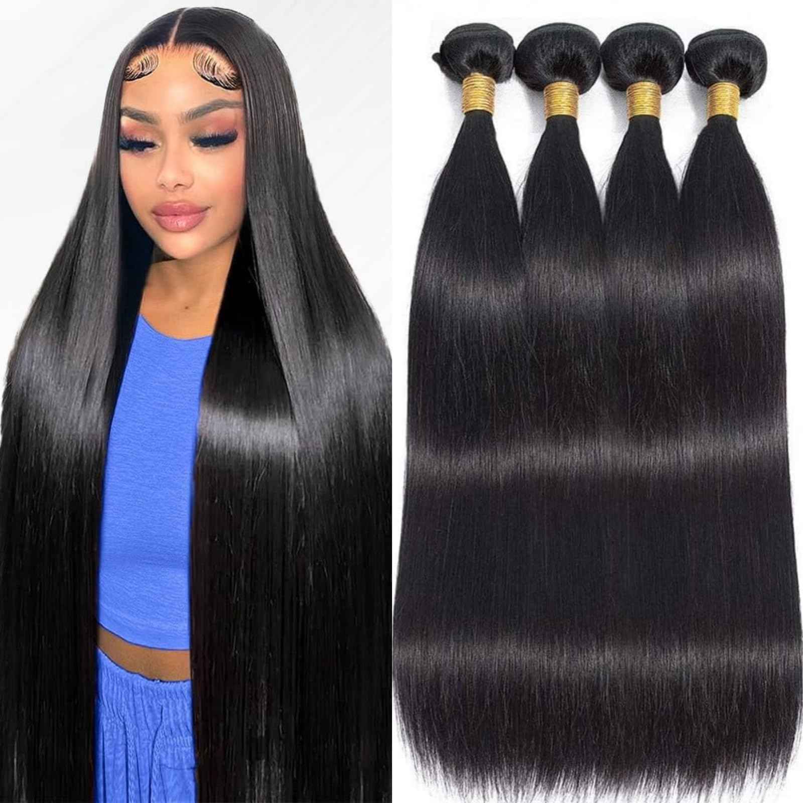 Human Hair Bundles,Straight 4 Bundles 12 12 12 12 Inch,16A Bundles Human Hair,100% Unprocessed Virgin Brazilian Hair Extensions Double Weft, Quick Weave Sew In Hair Bundle