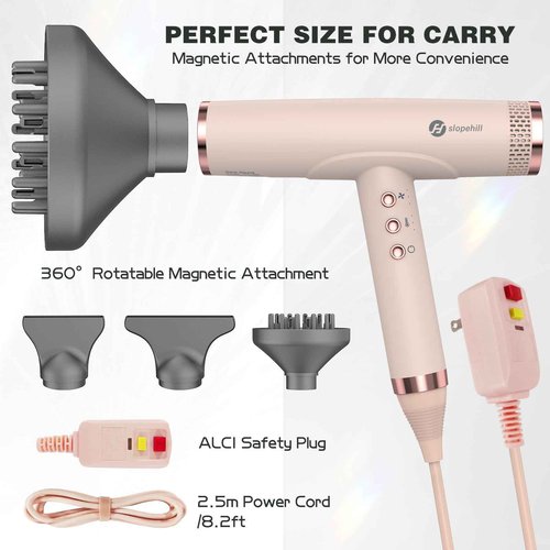 slopehill Professional Ionic Hair Dryer, High-Speed Blow Dryer with Brushless Motor for Salon Use, Lightweight Compact Hairdryer for Travel, Low Noise Quiet for Home, Ceramic Pink