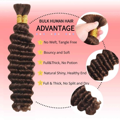 Chocolate Brown Human Braiding Hair For Boho Braids 4# 100g Deep Wave Bulk Human Hair for Braiding 12A No Weft Curly Human Hair Extensions Wet and Wavy Boho Hair for Braiding (4#-Deep Wave, 20 Inch)
