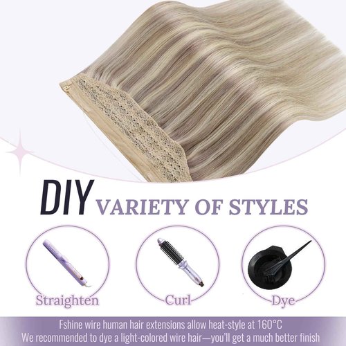 Fshine Invisible Wire Hair Extensions 18 Inch 80 G Ash Blonde Highlighted Bleach Blonde Fish Line Wire Human Hair Extensions Seamless Layered Hairpiece Clip ins for Women