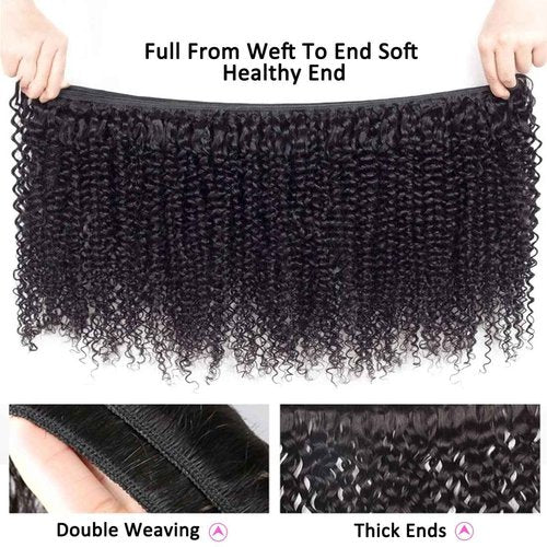 Brazilian Curly Human Hair Bundles with Closure 10A Kinky Curly Bundles and Closure Unprocessed Virgin 3 Bundles with 4x4 Lace Closure Kinky Curly Weave Human Hair Bundles(18 20 22+16) Natural Color