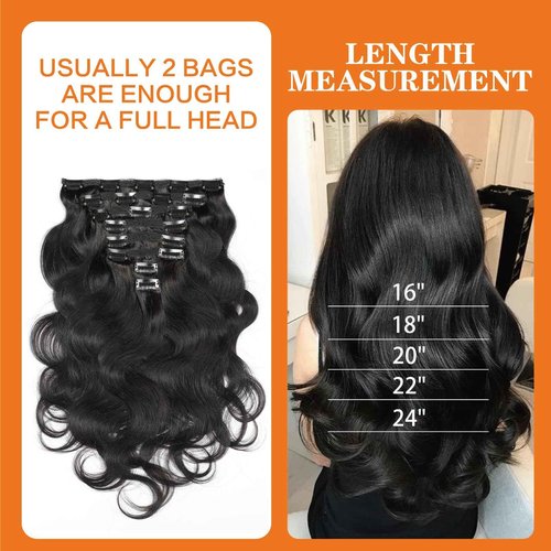 Yacurcur Body Wave Clip Ins Human Hair 8Pcs/Set 120 Gram Body Wave Clip in Hair Extensions 10A Brazilian Virgin Human Hair for Black Women Natural Black Color 22 Inch