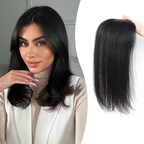 Fine Plus 14Inch Hair Toppers for Women Real Human Hair – Mono Base 3"x5", Natural Black Virgin Quality, for Thinning Crown & Wide Parting, Lightweight & Breathable, Add Volume Can Be Curled