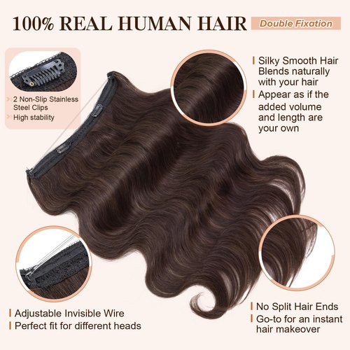 Halo Hair Extensions Real Human Hair,S-noilite 100% Wavy Human Hair Halo Extensions for Women,65g/16inch 02 Dark Brown