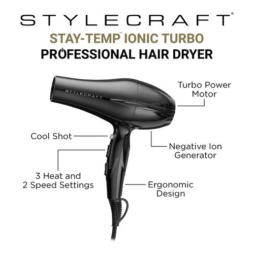 StyleCraft Stay-Temp Professional Lightweight Hair Dryer, 3 Heat/2 Speed Settings, Ionic Turbo Motor, Concentrator Nozzle, and Pik Attachments