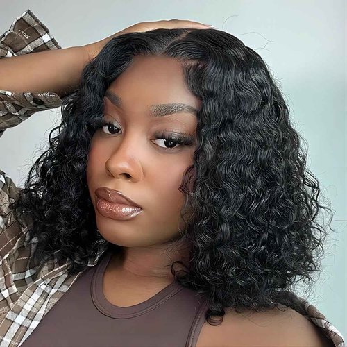 ISEE Wear and Go Glueless Wigs Bob Wigs Human Hair Pre Plucked Water Wave Lace Front Wigs Human Hair Upgraded No Glue Transparent Lace Closure Wigs Human Hair for Women Natural Black 12 Inch