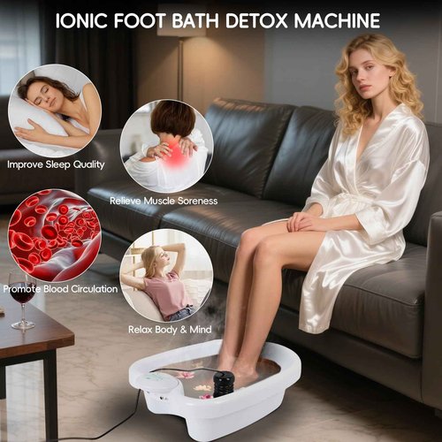 FAHKNS Ionic Foot Bath Detox Machine - Professional Foot Detox Spa，Home Portable Foot Detox Machine with 2 Arrays，50 Foot Soaking Bags，1 Small Spoon，Improve Sleep/Relieve Stress/Detox Cleanse