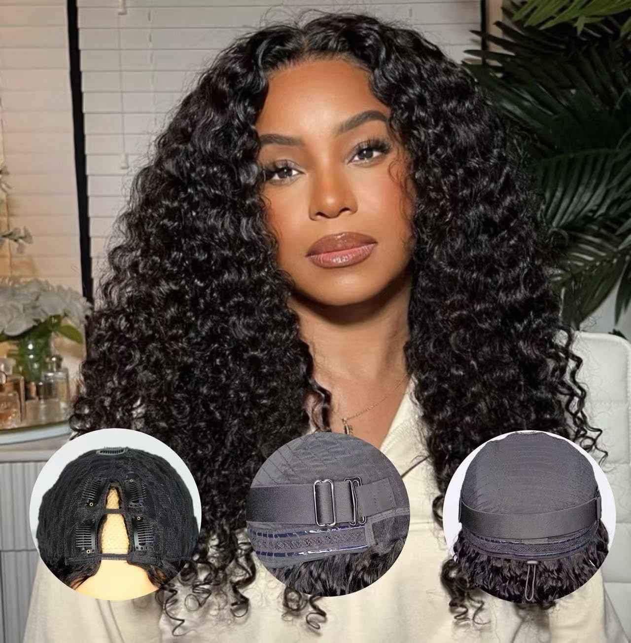 GKOKG V Part wig Human Hair Curly Upgrade U Part Wig For Black woman 100% Human Hair V Shape Cury Glueless Clip In Half Wig Natural Color No Leave Out 180% Density 22inch