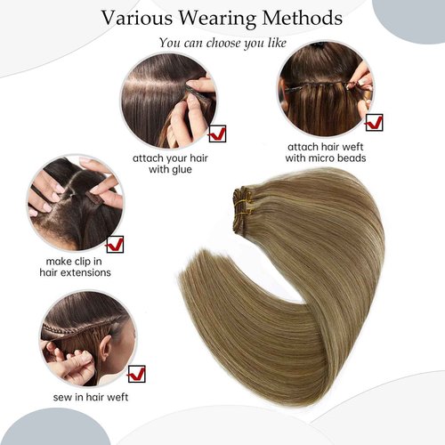 Ash Blonde Balayage Light Blonde Sew in Hair Extensions Real Human Hair 22 Inch 120G Weft Hair Extensions Human Hair Weave Bundles, Hand Tied Weft Hair Extension Sew in Bundles Human Hair