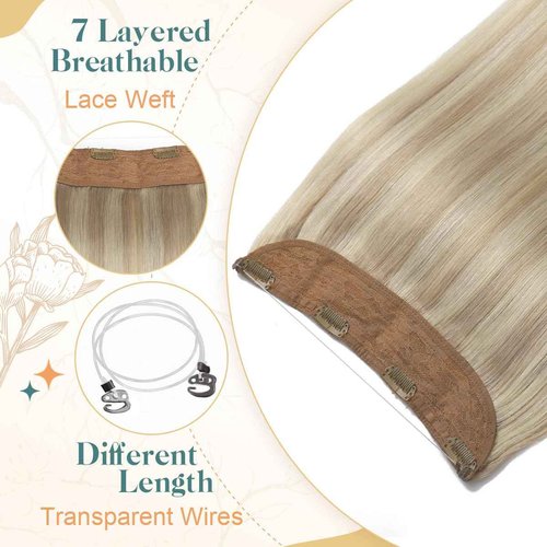 Sindra Wire Hair Extensions Human Hair Ash Blonde Highlights Bleach Blonde Fishing Line Remy Human Hair 22Inch 85g Remy Invisible Wire Extensions W22#18P613