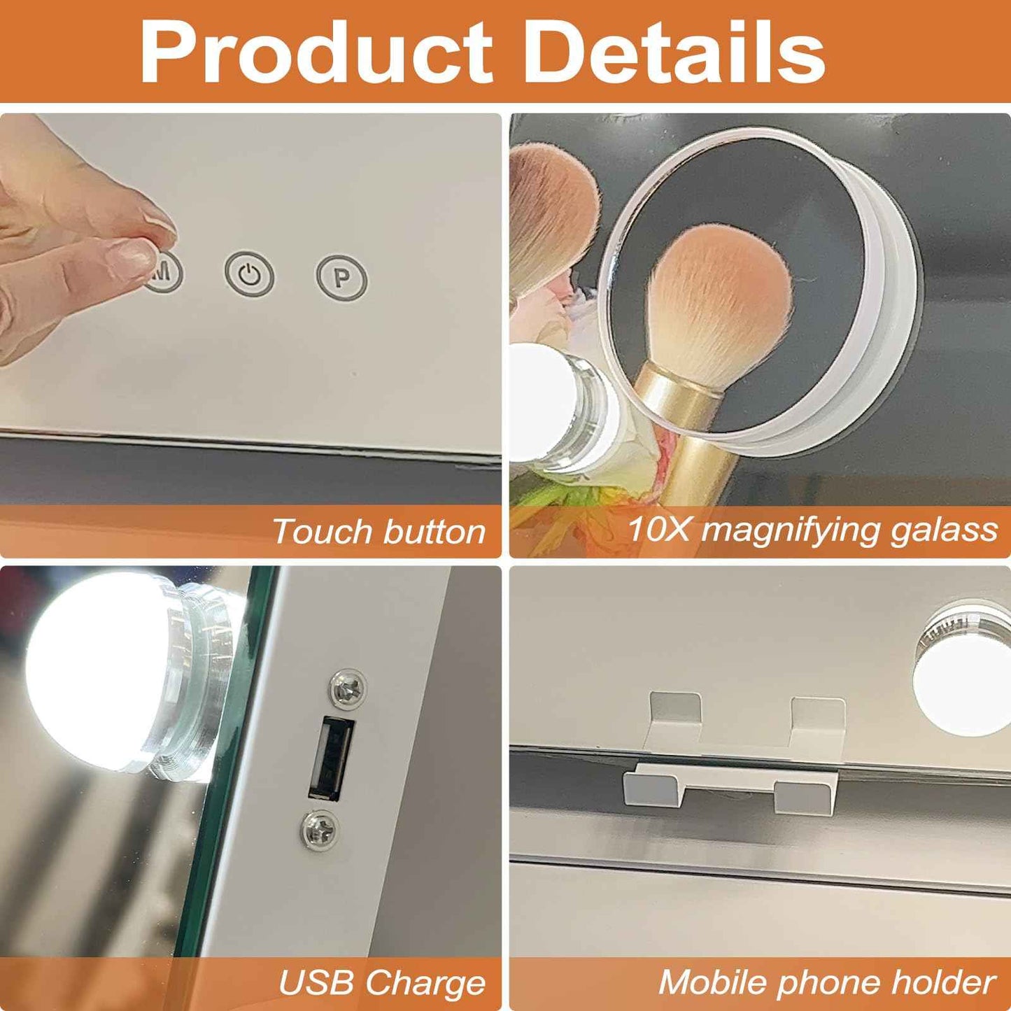 Hollywood Makeup Mirror with Lights,22" X 17" Lighted Vanity Mirror with 3 Light Modes, Detachable 10X Zoom Magnifying Mirror, 360 Rotatable, Metal Frame,Touch Control,AC-Powered, Gifts, White