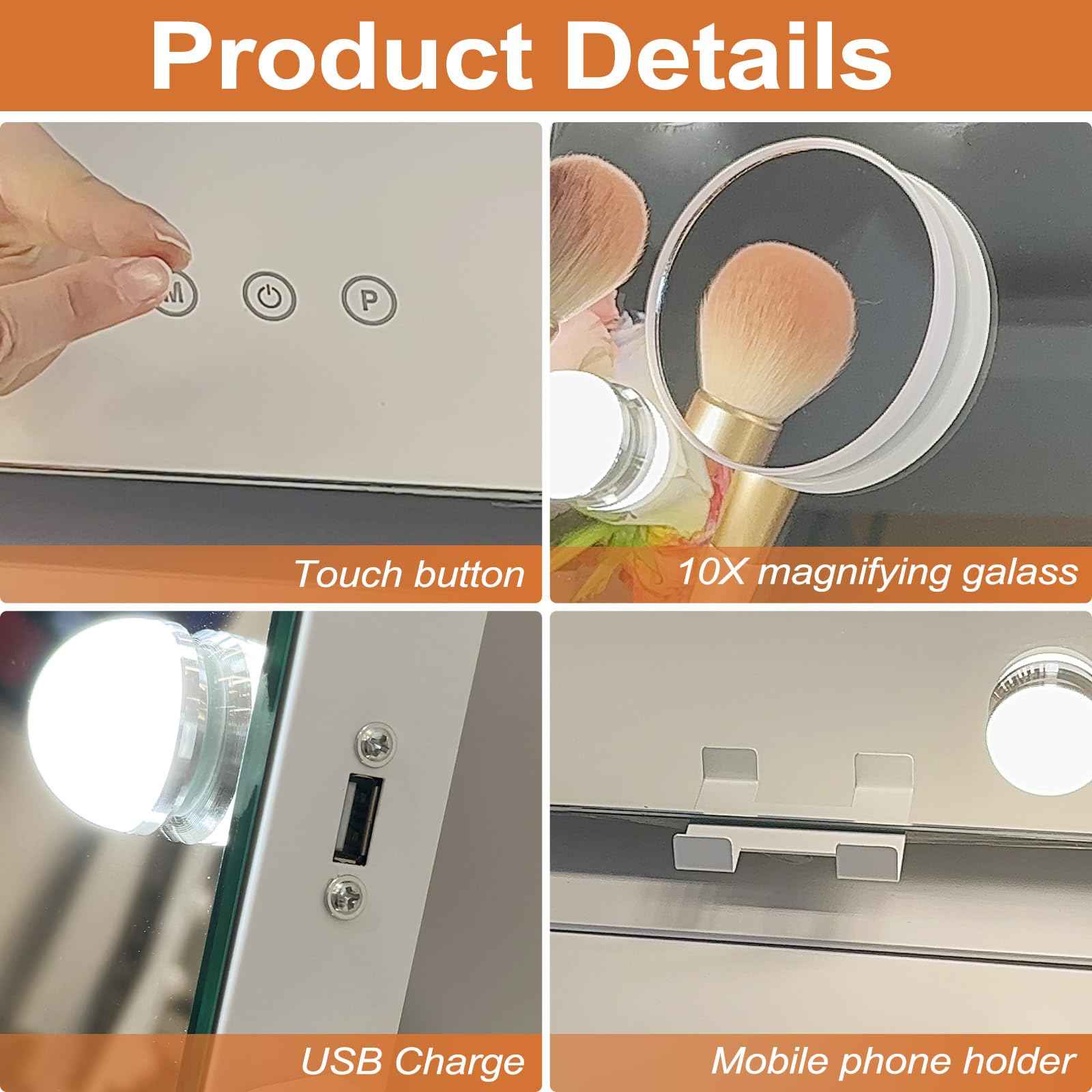 Hollywood Makeup Mirror with Lights,22" X 17" Lighted Vanity Mirror with 3 Light Modes, Detachable 10X Zoom Magnifying Mirror, 360 Rotatable, Metal Frame,Touch Control,AC-Powered, Gifts, White