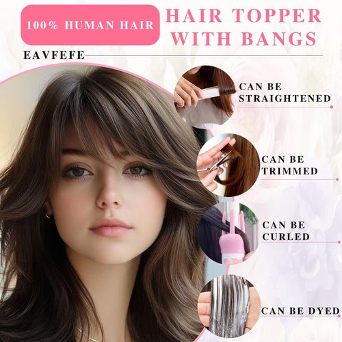 EAVFEFE Topperds for Thinning Hair: 12 Inch Womens Hair Topper 4# Medium Brown - Real Human Hair, Bangs & 360° Full Cover with 2 Clips (12in 4#)