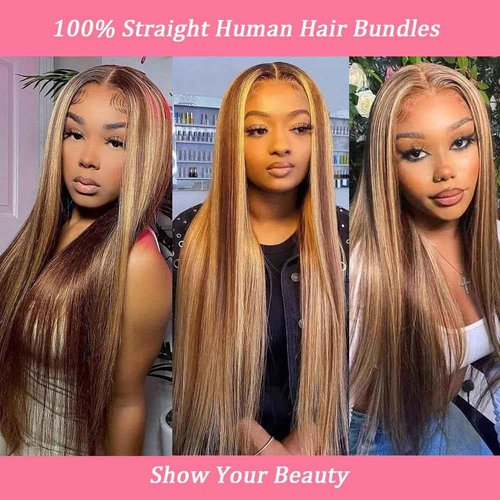 Beautymoon Highlight Ombre Straight Human Hair Bundles 100% Unprocessed Brazilian Honey Blonde Straight Hair 16 18 20 Inch 3 Bundles Deals Human Hair Double Weft 4/27 Colored