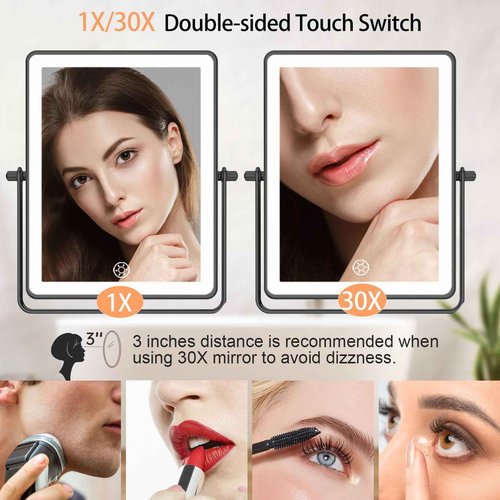 FASCINATE 5000mAh Rechargeable Wall Mounted Makeup Mirror, 8.7" Double Sided Touch Switch 1X 30X Rectangle Magnifying Mirror with Light, 3 Color Setting, Extended Arm 360° Swivel Foldable Black
