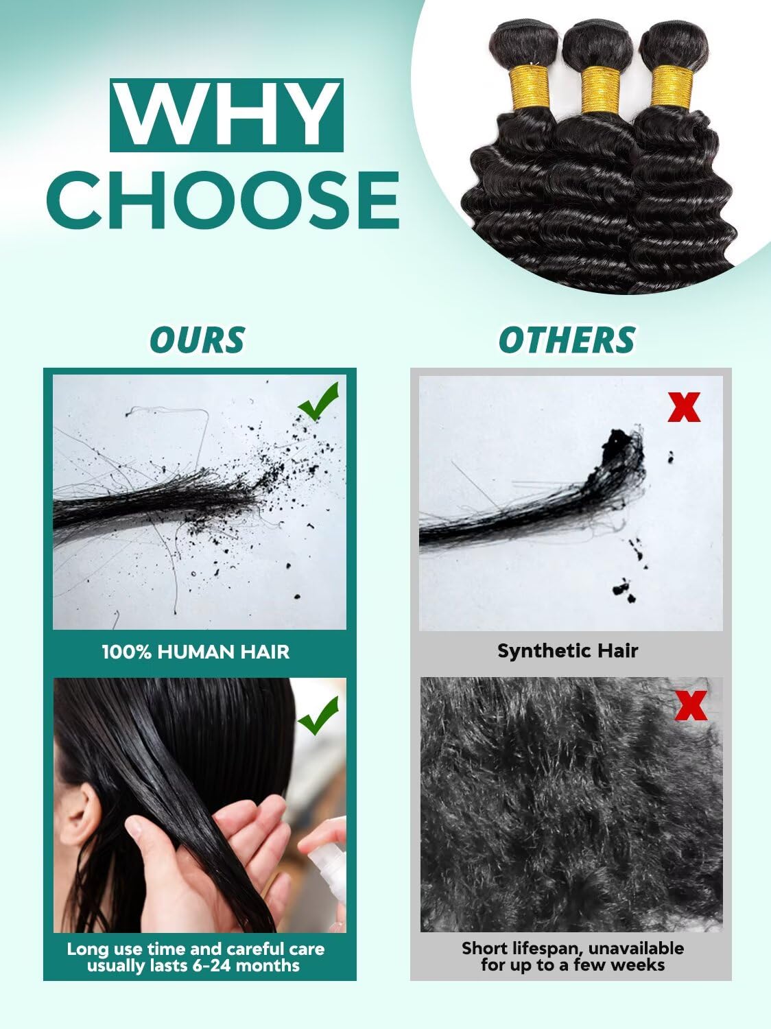 12A Deep Wave Human Hair Bundles 18 20 22 Inch Raw Curly Bundles Human Hair 100% Unprocessed 3 Bundles Brazilian Virgin Human Hair Extensions Quick Weave Natural Black Color