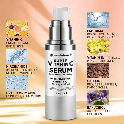 Super Vitamin C Serum for Women Over 70: Niacinamide, Vitamin C, Hyaluronic Acid, Peptides, Vitamin E, Caffeine, Bakuchiol, Hydrating, Lifting, Wrinkle & Age Spots Reduction Pack of 2