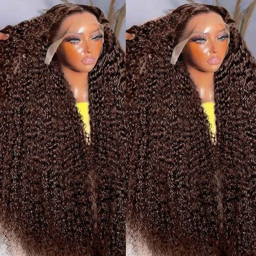 Aonou Full Brown Deep Wave Lace Front Wigs Human Hair Pre Plucked 220% Density 13x6 Chocolate Brown Curly Lace Frontal Wigs Human Hair for Women Brazilian Virgin Hair 22inch