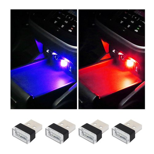 Augeny 4 PCS USB LED Car Interior Atmosphere Lamp, Plug-in USB Decor Night Light, Portable Auto Ambient Lighting Kit, Universal Vehicle Interior Accessories for Most Cars (Red & Blue)