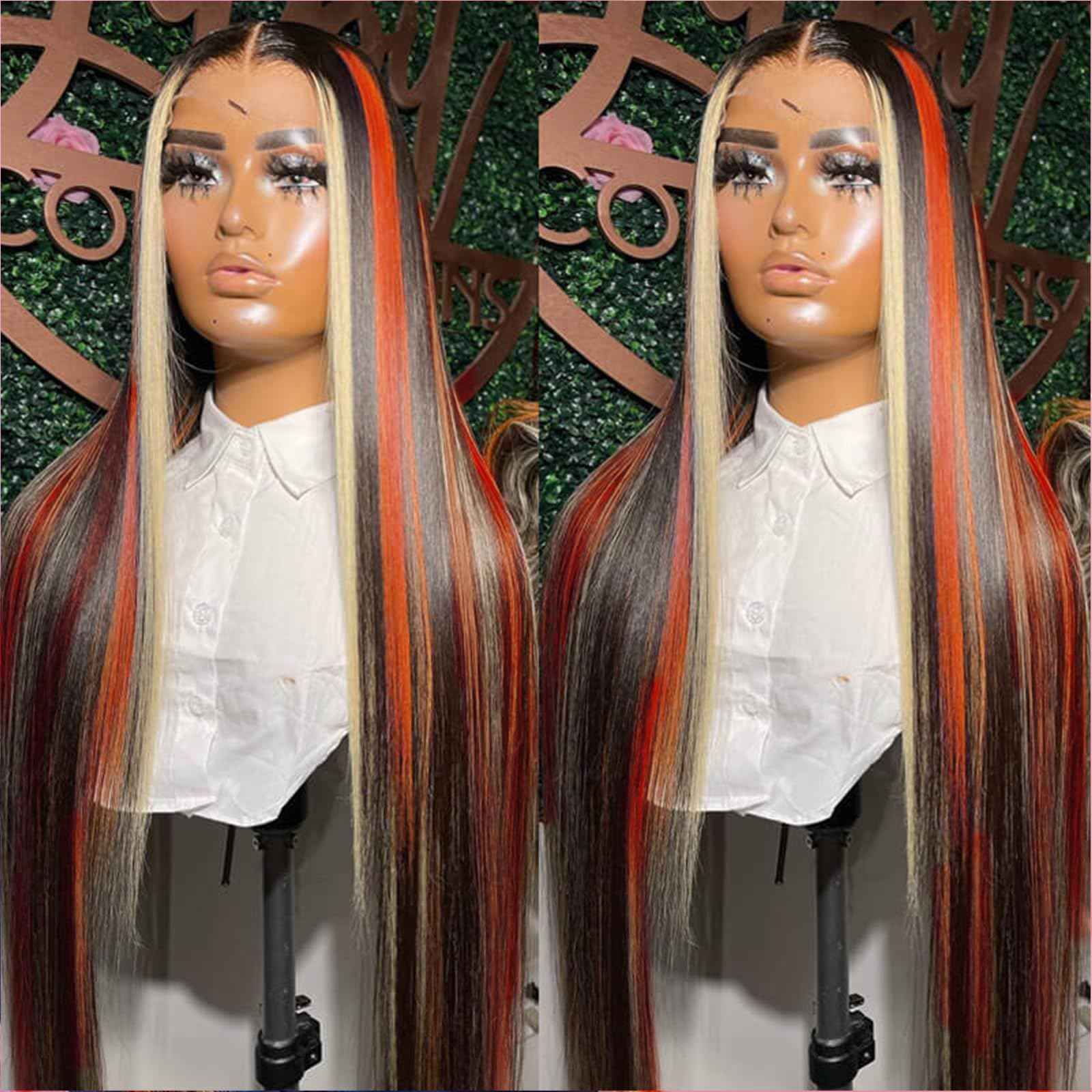 Ginger Blonde Highlight Lace Front Wigs Human Hair Skunk Stripe 13x4 Lace Frontal Wig Straight Black Ginger and Blonde Ombre Colored Wigs Glueluess Human Hair 20 Inch 180% Density Pre Plucked