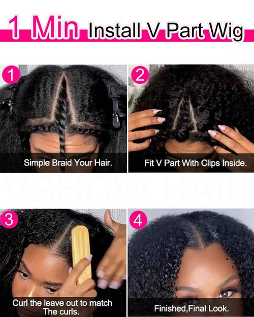 V SHOW V Part Wig Human Hair No Leave Out 180% Density Upgrade U part Afro Curly Wigs with Clips Glueless Wig Human Hair for Women Beginner Friendly No Lace No Glue 16Inch