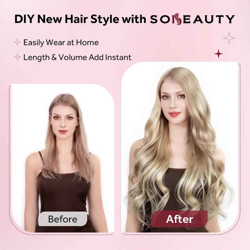 SoBeauty Clip in Hair Extensions Real Human Hair, Silky Remy Hair Extensions Clip Ins, Salon Quality Natural Human Hair, Light Blonde Highlighted Golden Blonde #P16/22 18Inch 120G 7PCS