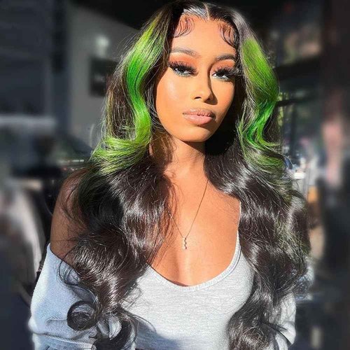 JYZ Skunk Stripe Human Hair Lace Front Wigs Green Highlights Wig Wavy 13X4 HD Lace Front Wigs Human Hair 200% Density Pre Plucked with Baby Hair 22inch Middle Part