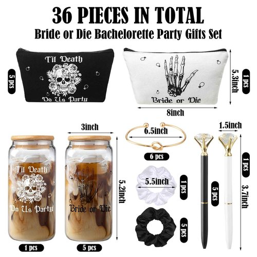 Hushee 30 Pcs Bride or Die Bachelorette Party Supplies Till Death Bridesmaids Gifts 16 oz Glass Cup Makeup Bag Scrunchy Knotted Bracelet Diamond Pen for Gothic Halloween Bridal Shower Wedding Supplies