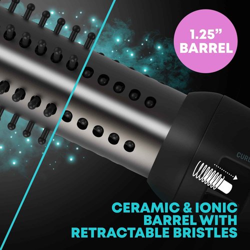 Revamp Progloss Volume & Wave Ceramic Heated Brush – Curling Iron Brush with Retractable 1.25” Bristles, Ceramic Barrel Infused with Progloss Oils for Frizz-Free Shine – Auto-Off & 9’ Swivel Cord