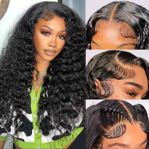 FIRIEYA Deep Wave Lace Front Wigs Human Hair Wigs for Black Women 180% Density 4X4 HD Transparent Lace Closure Human Hair Wigs for Black Women Glueless with Baby Hair Natural Color(22 Inch)