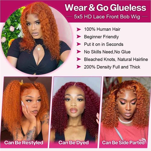 Ailwelia Curly Bob Wig Human Hair Deep Wave 200% Density 5x5 HD Lace Closure Wigs Human Hair Bob Wigs For Black Women Wear And Go Glueless Curly Wig Ginger Color 26 Inch