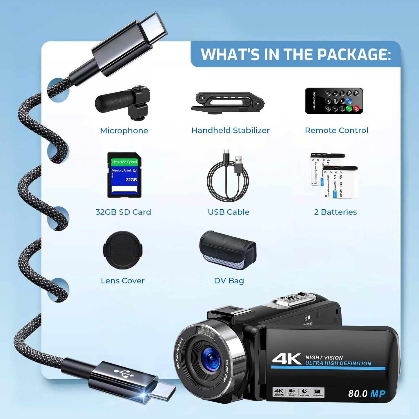 4K Camcorder Video Camera 80MP Ultra HD Vlogging Camera for YouTube 18X Digital Zoom 3.0" IPS HD Screen Recorder IR Night Version With Handheld Stabilizer, Microphone, Remote Control and 32GB SD Card