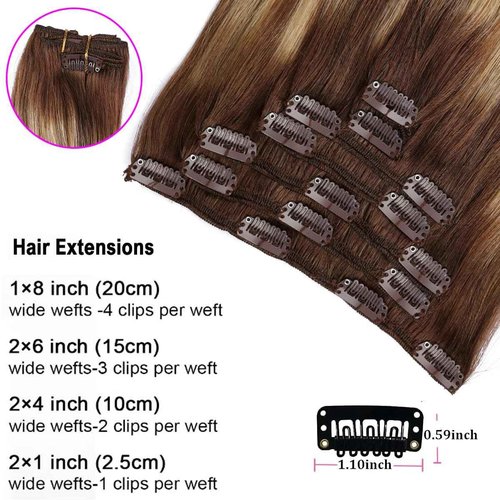 ORIGEN Clip in Hair Extensions Real Remy Human Hair Chocolate Brown to Caramel Blonde Highlights Straight Hair for Women 7pcs 120g 18 Inches
