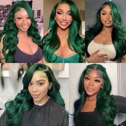 haha 13x6 Lace Front Green Human Hair Blend Wig Body Wave Dark Green Wig Human Hair Transparent HD Lace Frontal 13x6 Glueless Pre Plucked With Baby Hair 180% Density 24 Inch