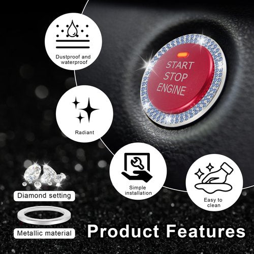 LivTee 2 PCS Crystal Double Rhinestone Car Engine Start Stop Decoration Ring, Bling Car Interior Accessories for Women, Push to Start Button Cover Sticker, Automotive Decals, Light Blue