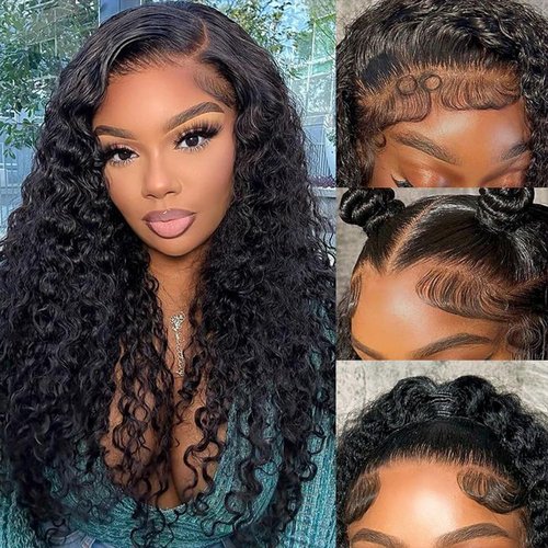 Water Wave Lace Front Wigs Human Hair 13x6 Full Frontal HD Transparent Human Hair Lace Front Wigs for Women 180% Density Deep Curly Human Hair Wigs Wet And Wavy Pre Plucked with Baby Hair 18Inch