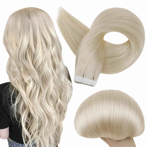 Full Shine Tape In Hair Extensions Double Sided Human Hair Extensions Tape ins Silky Straight Color 60 Platinum Blonde Remy Hair 24 Inch Tape Ins 50G 20 Pcs Seamless Invisible Real Remy Extensions