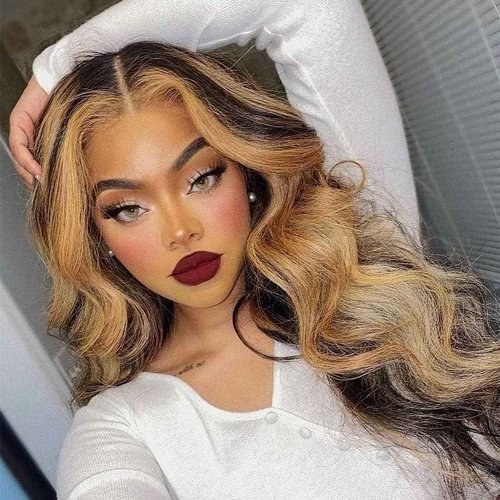 Aorbige Body Wave Style Highlight Ombre Lace Frontal Wig Human Hair Wigs #4/27 Brown with Honey Blonde Color for Black Women Pre Plucked Hairline 180% Density (24inch, 13x6 Lace Front Wig)