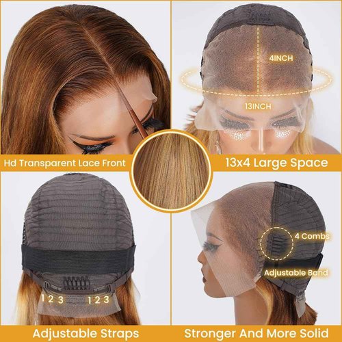 A FUTURE TONGMEI 4/27 Highlight HD Lace Front Wigs Human Hair Pre Plucked 13x4 Body Wave Frontal Wig with Baby Hair 180% Density Ombre Brown and Honey Blonde Human Hair Wigs for Black Women 22 Inch
