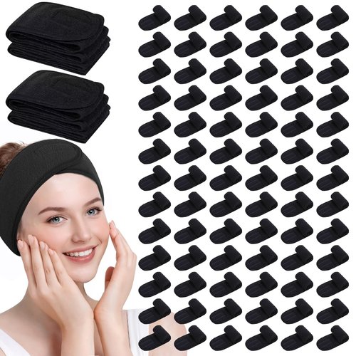 SHENGYIWA 80 Pack Adjustable Spa Headband for Women Non-Slip Facial Hair Wrap for Washing Face, Makeup, Shower, Skincare, and Yoga (Black, 80)