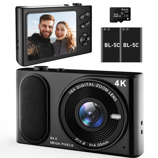 4K UHD Digital Camera, 64MP Autofocus Vlogging Camera 16X Zoom, Compact Digital Point and Shoot Camera with Anti-Shake, Small Travel Camera for Adult Beginners Teens, 32GB Card, 2 Batteries(Black)