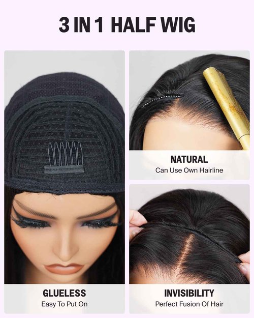 Megalook hair Kinky Straight Half Wig Human Hair Yaki Straight Glueless Wigs Human Hair 200% Density No Lace Drawstring Ponytail Headband Wig 3 In 1 Beginner Friendly Seamless Clip In Wigs 22 Inch