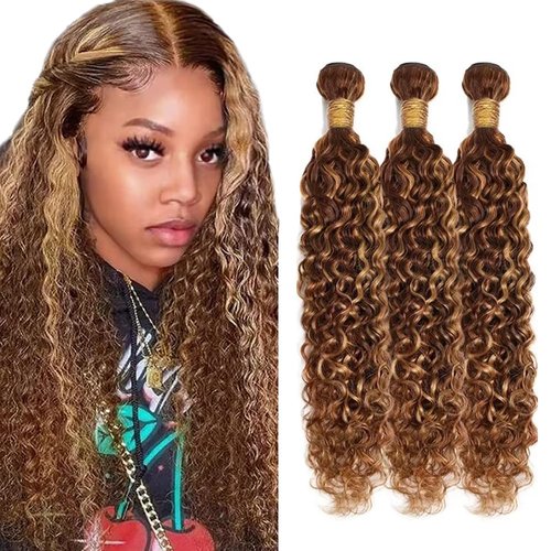 P27/33 Highlight Brown Bundles Honey Blonde Kinky Curly 3 Bundles Human Hair 18 20 22 inch CnumGunm Unprocessed Brazilian Virgin Hair Extensions